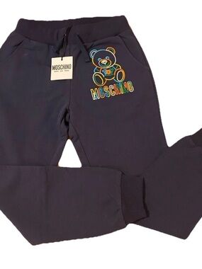 Moschino Kids Size 8 Navy Blue Multi Color Teddy Bear Logo Sweatpants Brand New